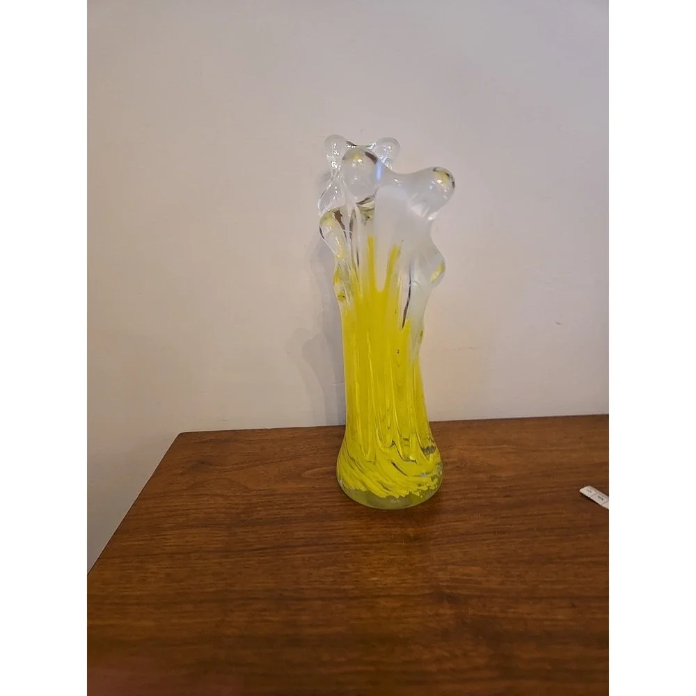 Vintage Dramatic Art Glass Yellow Swirl Swung Wave Vase Clear 11.25in